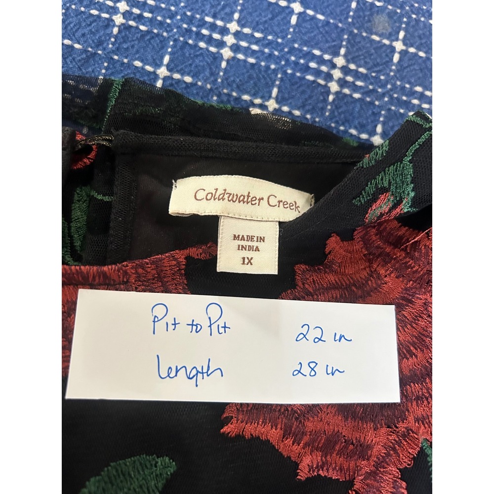 Coldwater Creek Women 1X Black Red Floral Embroidered Mesh Long Sleeve Blouse - Picture 5 of 6